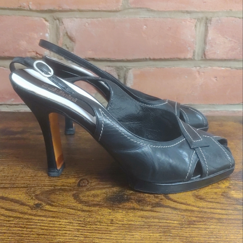 Baldinini Black Leather Peep Toe Slingback Heels Size 38 EU Made In Italy